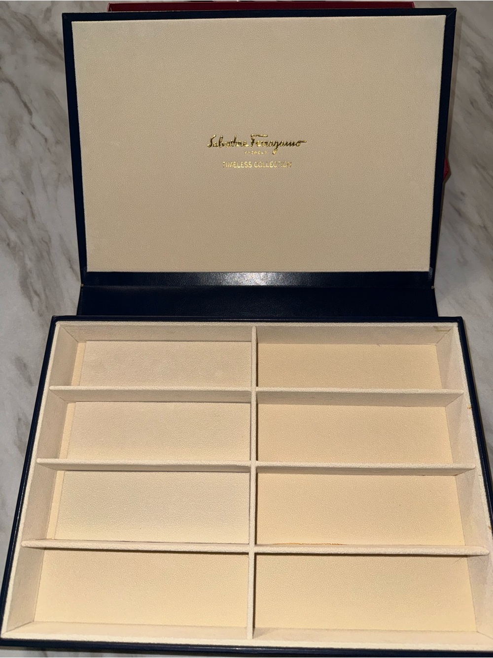 Salvatore Ferragamo Cream and Navy Organizer Box